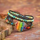 Handgefertigtes 7-Chakren Wickelarmband mit Herz in Edelstahlfassung